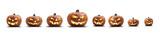 Fototapeta  - A group of eight lit spooky halloween pumpkins, Jack O Lantern with evil face and eyes isolated against a white background.