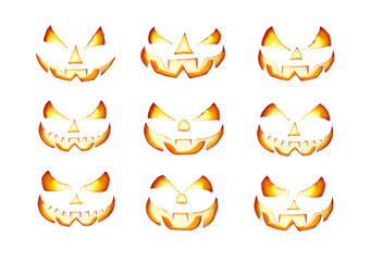 Wall Mural - Nine lit evil halloween lantern faces, Jack O Lantern, with glowing eyes isolated against a transparent background ready for to be used on nighttime pumpkins.