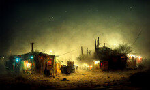 Junk Town In Desert At Night, Atmospheric Creepy, Digital Art