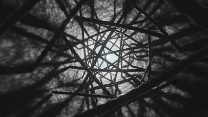 Creepy dark 3D shaft, camera follows the light, surrounded by mysterious threads blocking the way out, 4k 3D animation