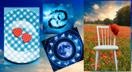Wall Mural - zodiac symbol cancer and various pictures with the characteristic and they typical color of each zod