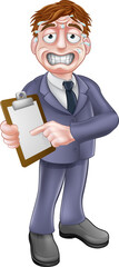 A cartoon stressed looking business man holding a clipboard