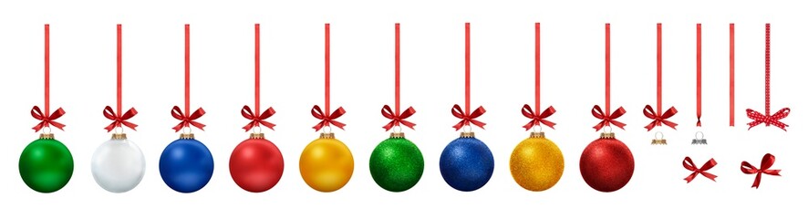 Wall Mural - A collection of colourful Christmas Bauble decorations in Matte and Glitter hanging from red ribbon bows with each design element isolated against a transparent background. 