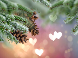 Wall Mural - Christmas tree branch with cone and bokeh light heart sumbol gold bakcground template copy space