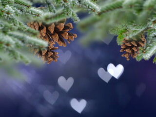 Wall Mural - Christmas tree branch with cone and bokeh light heart sumbol gold bakcground template copy space