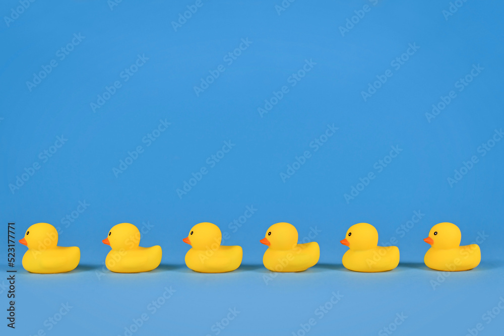 Yellow rubber ducks in a row on blue background with copy space Stock ...