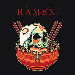 Skull Spicy Ramen Retro Vector Illustration