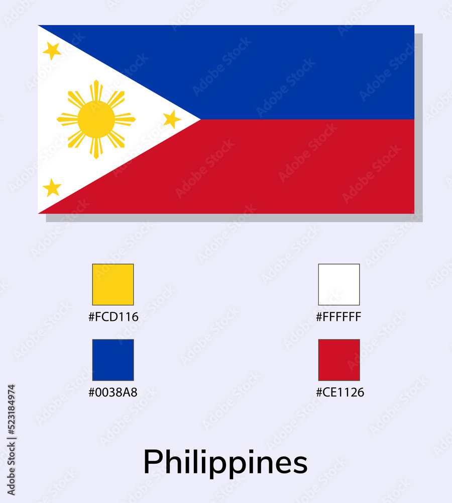 Vector Illustration of Philippines flag isolated on light blue background. Illustration National Philippines flag with Color Codes. As close as possible to the original. ready to use, easy to edit.