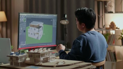 Asian Male Engineer Stretching While Designing House On A Desktop At Home. Cyber Games House Design And Decoration
