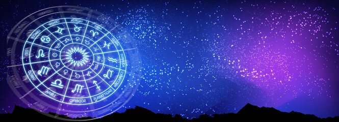 zodiac circle on the background of a space. astrology. web banner. copy space