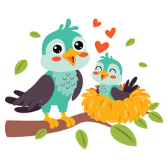 cartoon illustration of mother and baby birds