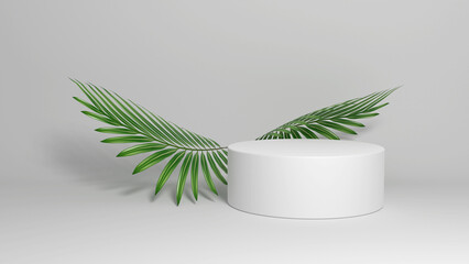 A minimalistic tropical scene for advertising and branding leisure products. Green palm leaves in the shape of open bird wings above a white cylinder on a white background. 3D render.