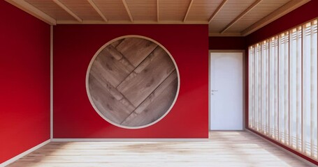 Sticker - The interior color Red room inteior with tatami mat floor.3D rendering