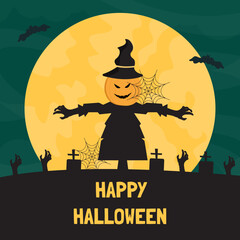 Wall Mural - Happy halloween greeting card. Halloween full moon night with scarecrow background. Vector illustration.