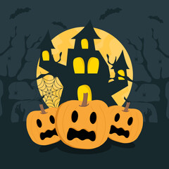 Wall Mural - Happy halloween greeting card. Halloween full moon night background. Vector illustration.