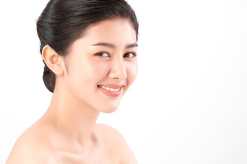 Wall Mural - Beautiful young asian woman with clean fresh skin on white background, Face care, Facial treatment, Cosmetology, beauty and spa, Asian women portrait.