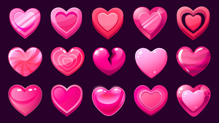 Poster - game hearts. cartoon asset of candy ui hearts for mobile 2d game, cute glossy heart interface icons,