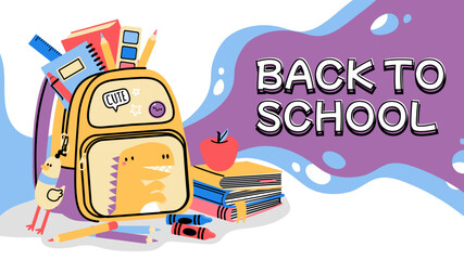 Back to school backpack. Cartoon background with kids bag, school accessories, and stationery, autumn colorful sale banner. Vector school supplies advertising