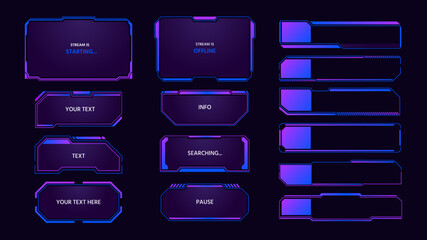 Wall Mural - Game panel. Streaming overlay interface elements, futuristic monitor tabs and frames, live stream pop up window and tech message. Vector streamers soft layout set