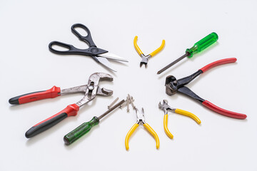 Set of hand tools on white background.