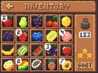 Poster - Pixel fruits inventory. Cartoon game interface screen with fruits and berries in cells and UI elements, 8-bit 2D game sprite asset. Vector character food collecti