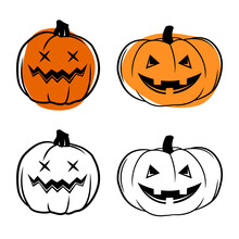 Vector Simple Scary Spooky Smiling Halloween Pumpkin Isolated. Jack O Lantern. Traditional Contour Decoration, Symbol Of Holiday Celebration In Cartoon Doodle Style
