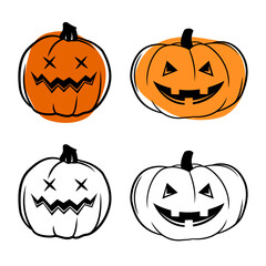 Vector simple scary spooky smiling Halloween pumpkin isolated. Jack o Lantern. Traditional contour decoration, symbol of holiday celebration in cartoon doodle style