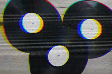 Image of music or vinyl records with glitch effect, retro, futuristic wallpaper, color effect.