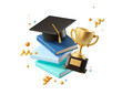 Minimal background for online education concept. Book with graduation hat isolated on transparent background. 3d rendering illustration. PNG