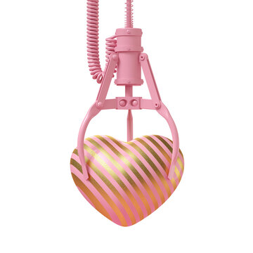 Minimal happiness object for love, wedding and valentine concept. Pink with gold stripe heart catch claw machine isolated on transparent background. 3d rendering illustration. PNG