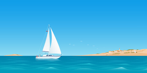 traveling by sailboat at sea. warm seascape with a sailboat. white sailboat and an island. mediterra