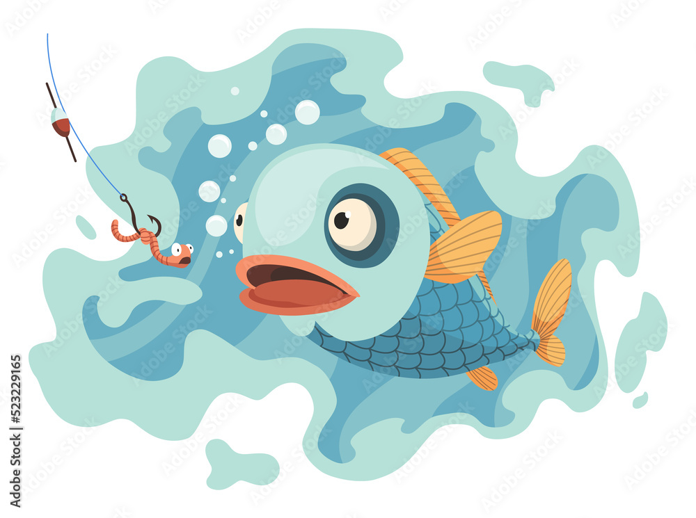 Fish catch. Cartoon fish catching the fishing lure. Jumping to catch a bait. Sports hobby. Fishing or hunting on worm illustration Stock Illustration | Adobe Stock Fish catch. Cartoon fish catching the fishing lure. Jumping to catch a bait. Sports hobby. Fishing or hunting on worm illustration Stock Illustration | Adobe Stock