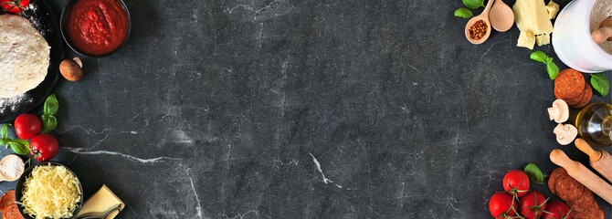Aufkleber - Pizza making ingredients including cheese, pepperoni, tomatoes and basil. Overhead view double border against a dark banner background. Copy space.