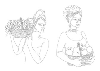 Collection. Silhouettes of a girl in a headscarf. The lady is holding a basket of grapes and apples in her hands. Woman in modern one line style. Solid line, outline, logo. Vector illustration, set.