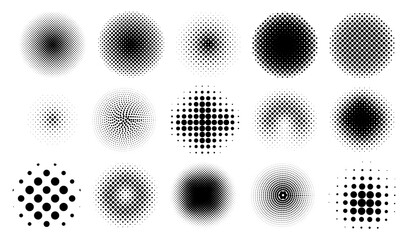 Aufkleber - Circle half tone dot patterns. Graphic gradient with spray effect. Gradation round texture. Geometric fade points. Abstract shapes. Comic monochrome elements set. Vector background