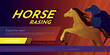 Horse race poster. Sport competition banner. Champion cup logo. Melbourne derby run party. Jockey and equestrian riding. Stallions gallop. Announcement background. Vector illustration