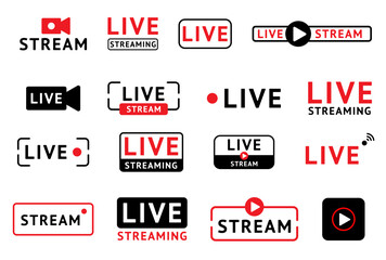 Aufkleber - Live stream. Lower broadcast icon. For third news. Overlay TV text. Modern music bar. Video show. Online streaming stickers. Network technology. Media channel label. Vector symbols set