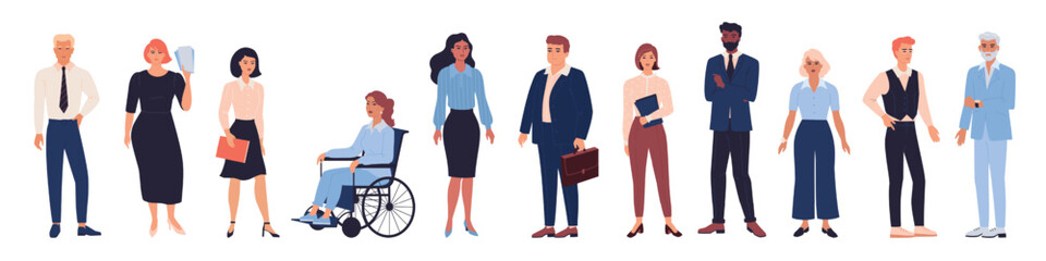 Aufkleber - Business characters. Standing women or men. Diverse people. Office employee in suit. Company workers. Colleagues work team. Corporate staff. Disabled manager. Vector isolated persons set