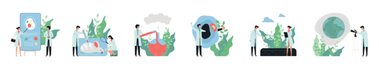 Aufkleber - Science research. Human working in lab with test tubes. Vaccine experiment. Health medical laboratory. Covid microbiology. Scientific experiment concepts set. Vector flat illustration