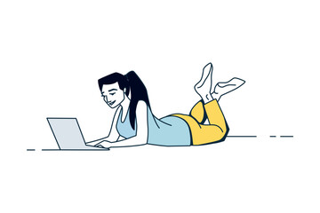 Wall Mural - Woman with laptop. People working at home, freelance female character in comfortable conditions. Girl lying on the floor with a computer, working online. Vector self employed illustration