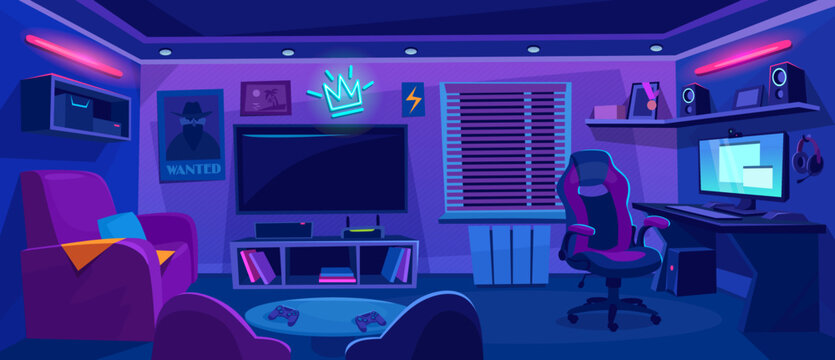 Wall Mural - Gamer room interior design. Teenager bedroom with computer desk, chair, sofa, big screen tv, monitor, pc, console with controllers, headphones, poster and neon sign. Cartoon style vector illustration.