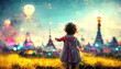 digital paint generating  with rough paper texture of  fantasy magic moment, a girl looking at colorful balloon floating to sky  at dusk or dawn with dim sun light with castle 