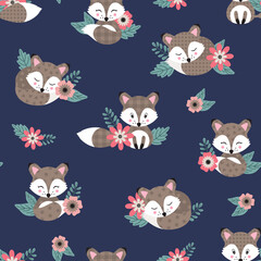 Wall Mural - Seamless pattern with cute foxies and floral elements. Vector illustration.