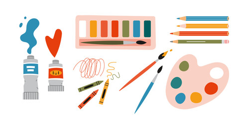 Painting tools elements vector set, cartoon style. Art supplies: paint tubes, brushes, pencil, watercolor, palette. Trendy modern vector illustration isolated on white, hand drawn, flat