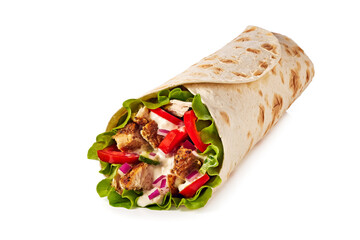 Wall Mural - Chicken wrap with tomato cucumber and lettuce on white background