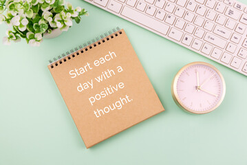 Wall Mural - Brown paper with computer keyboard and alarm clock and  text - start each day with a positive thought on paper note