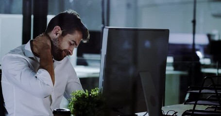 Aufkleber - Tired business man feeling stress, anxiety or the pressure of a deadline and rubbing his neck in pain. Overworked and exhausted employee working late night in his office, looking worried and unhappy