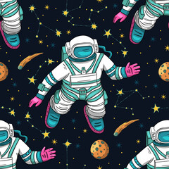 Wall Mural - astronaut seamless space vector pattern. kids doodle print moon texture platet design