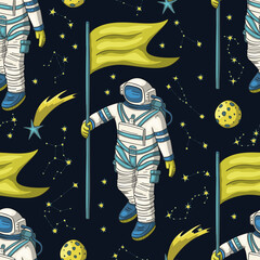 Wall Mural - astronaut seamless space vector pattern. kids doodle print moon texture platet design