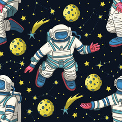 Wall Mural - astronaut seamless space vector pattern. kids doodle print moon texture platet design
